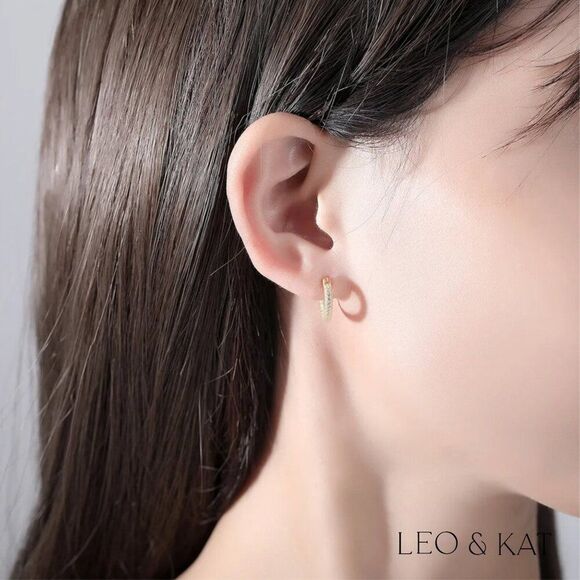 Elegant Pave Huggie Earrings in Gold & Silver. 925 Sterling Silver. #1004 - Picture 4 of 7